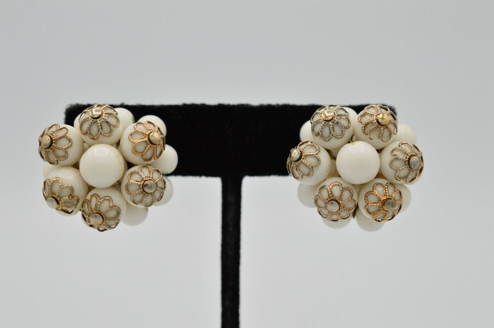 Beaujewels Vintage Clip Earrings White Beaded Cluster Silver Floral Signed 9G